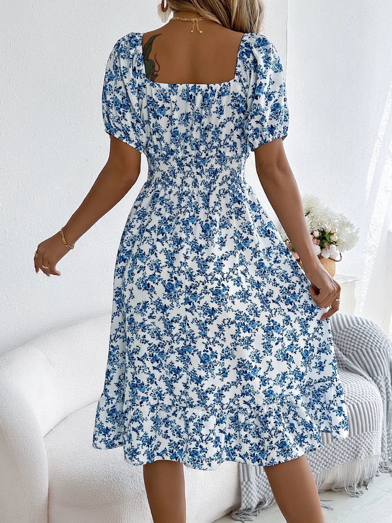 Women's Floral 3D Print Square Neck Dress